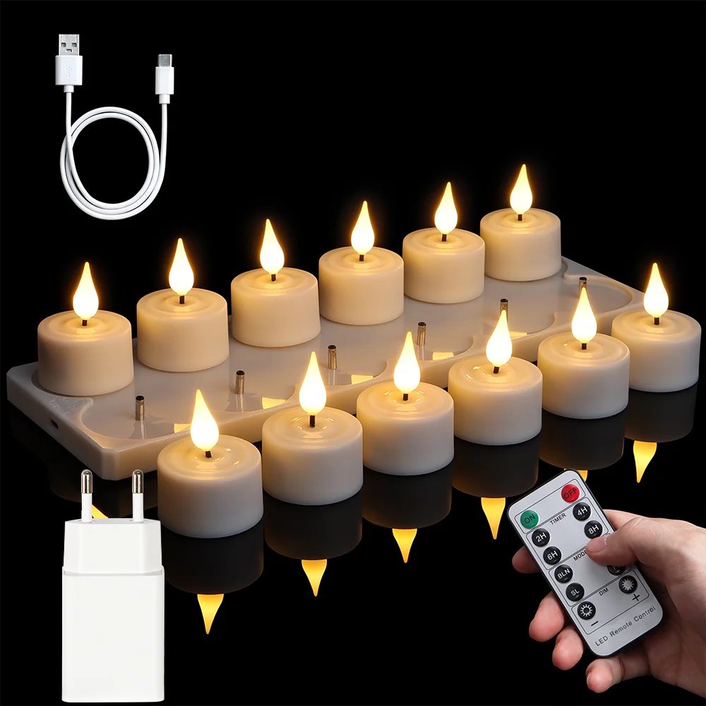 LED 캔들 라이트 충전식 무불꽃 양초 타이머 리모컨 티라이트 검정 컵 포함 웨딩 홈데코 실내 램프 썸네일 3