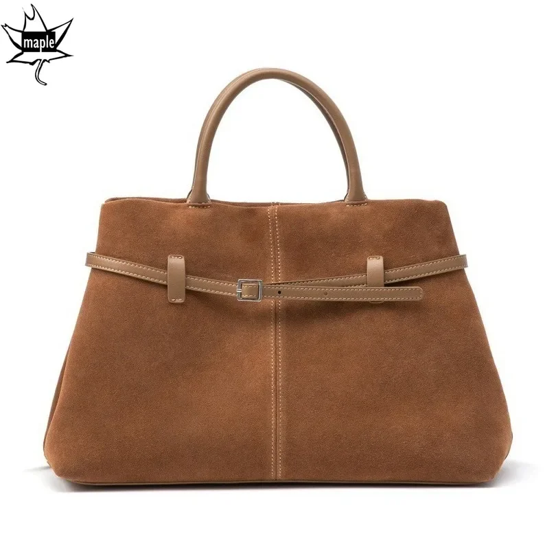 

New High Class Cowskin Chamois Large Tote All-match Genuine Suede Leather Women Handbag Camel Commuting Briefcase No Logo