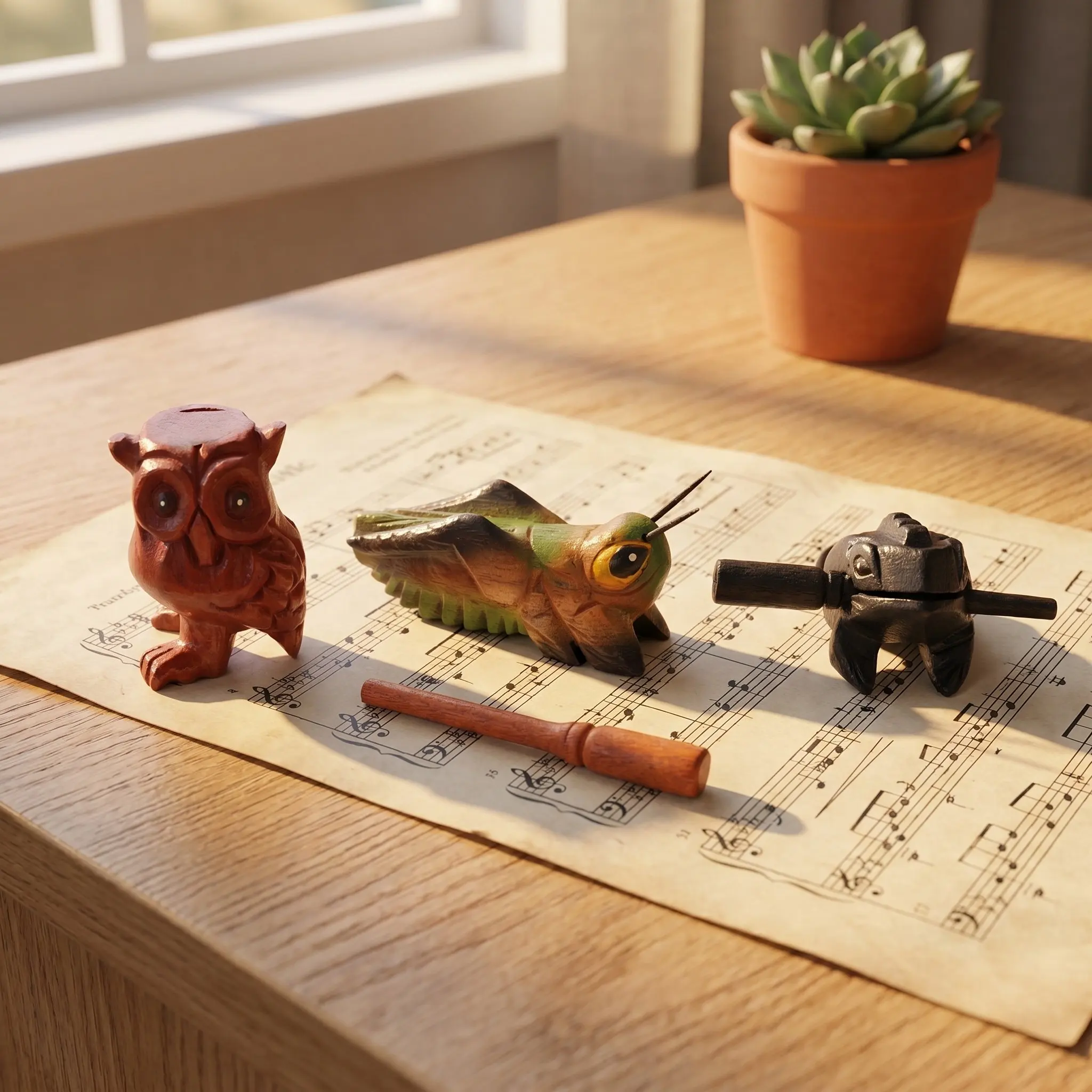 3Pcs Wooden Guiro Instrument Set Frog Cricket Owl Handheld Percussion for Music Class Rhythmic Animal Sound Maker Latin