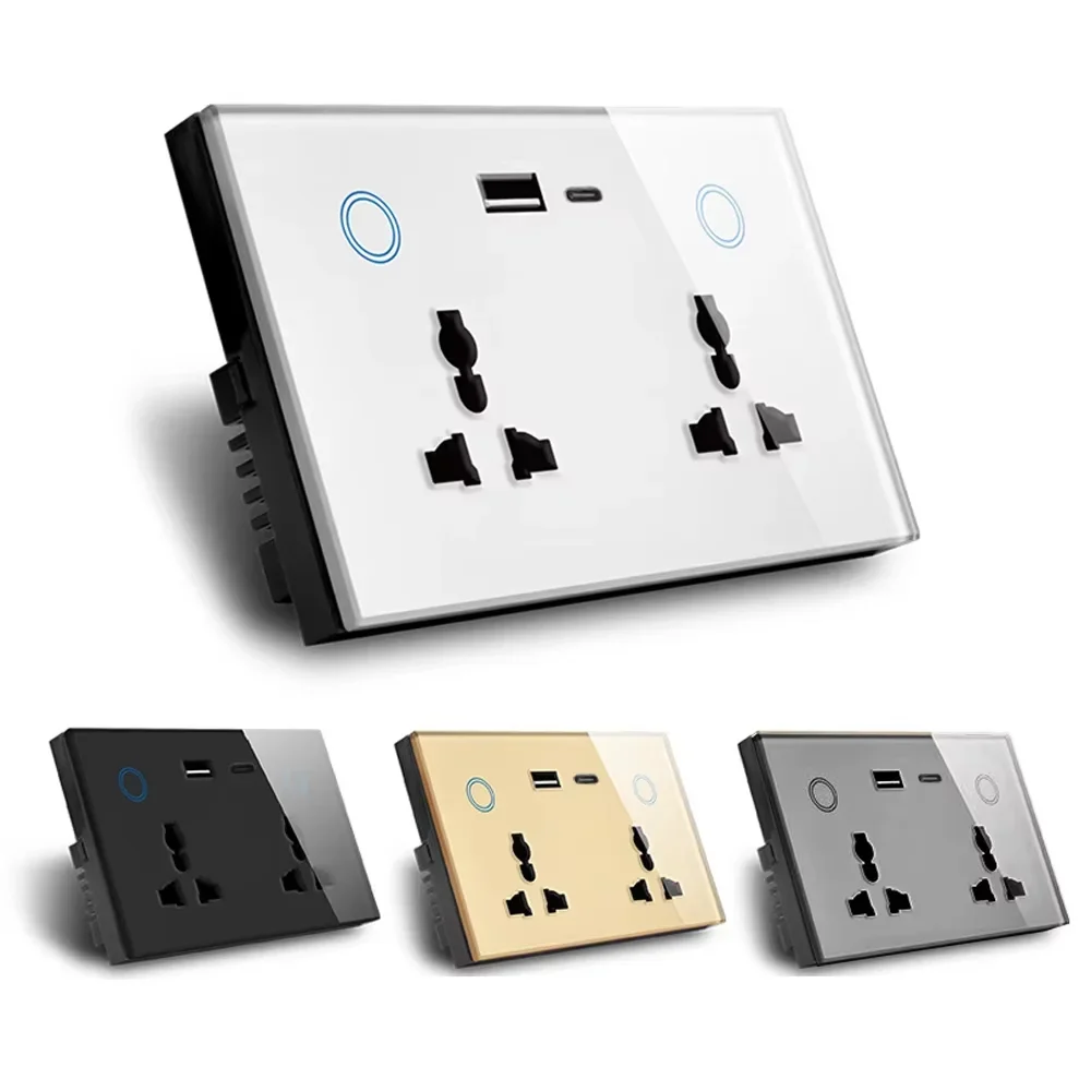 Mvava 2 Gang 2 Way 20w PD Fast Charge Type A C Usb Dual Universal Glass Outlets Wall Power Smart Tuya Alexa Touch Switch Socket