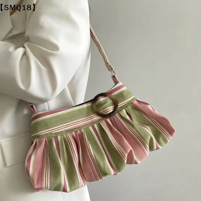 Striped Canvas Pleated Shoulder Bag Wood Ring Decor Soft Fabric For Daily Outings Shopping Dating【SMQ】