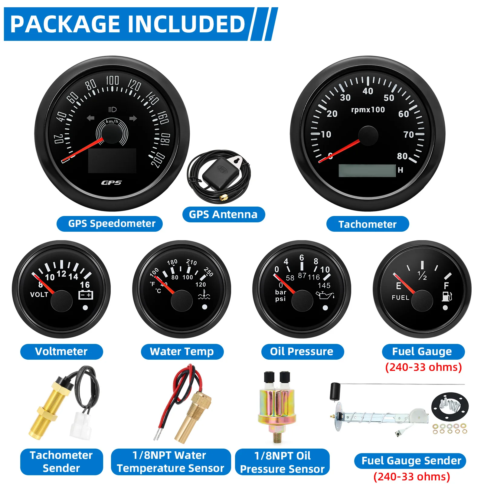 6 Gauge Set 200KMH GPS Snelheidsmeter 8000 RPM Toerenteller Brandstofmeter Volt Water Temp Oliepersmeter Met Sensoren voor Boot Auto 9-32 V
