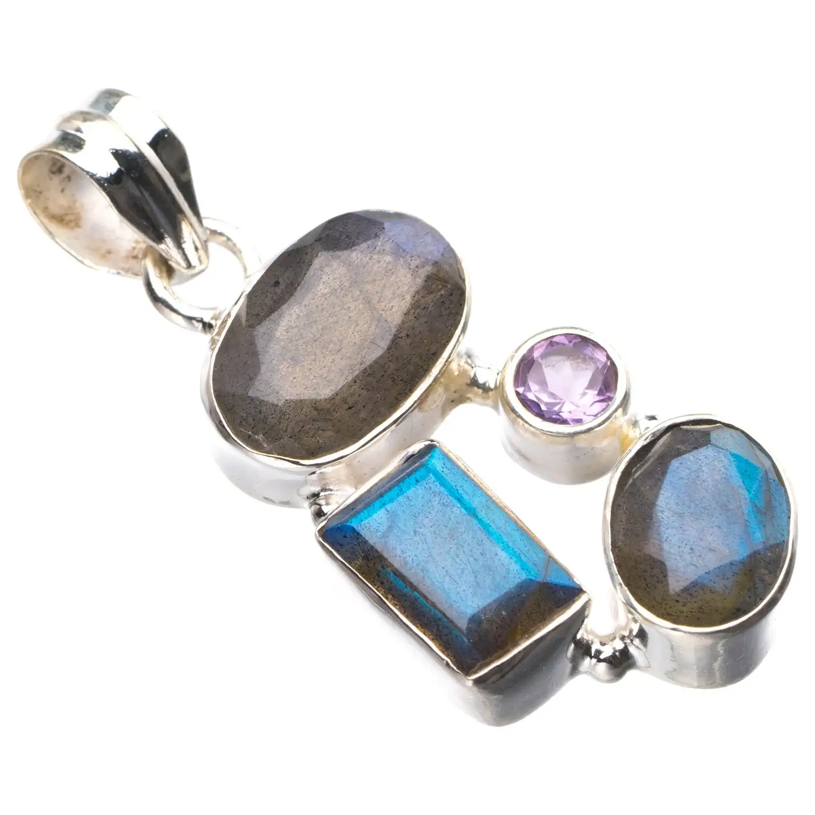 

StarGems Blue Fire Labradorite And Amethyst Handmade 925 Sterling Silver Pendant 1.5" D9885