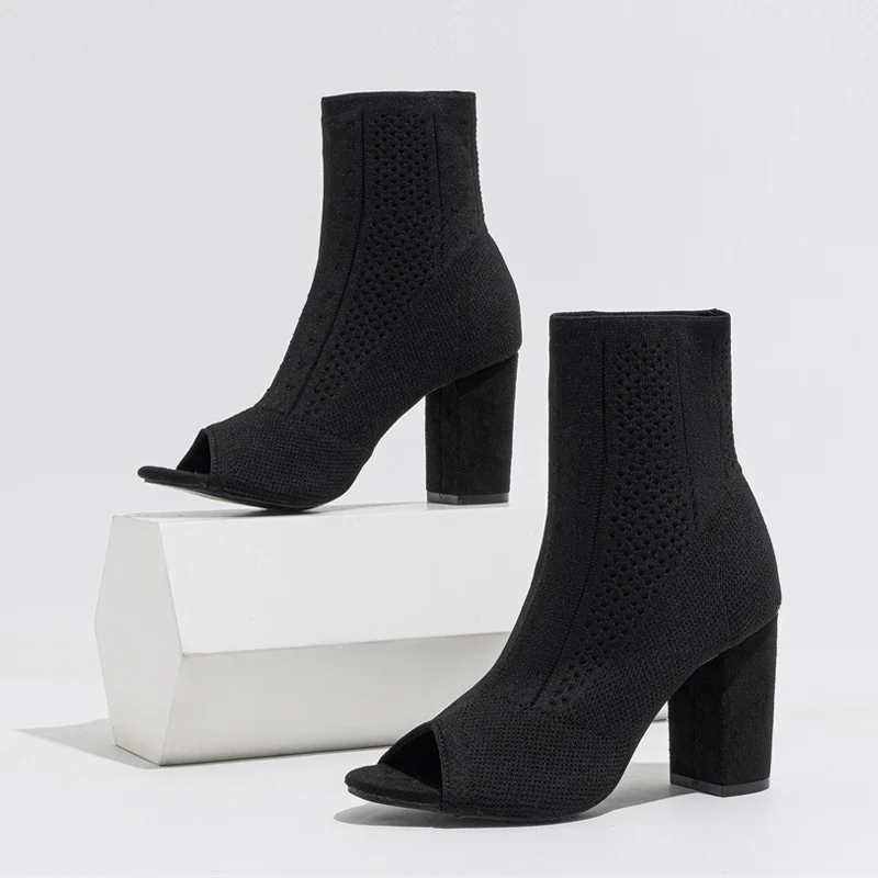 Liyke Spring Autumn Peep Toe Ankle Elastic Boots Women Black Stretch Fabric Knitting Sock Shoes Female Square High Heels Booties