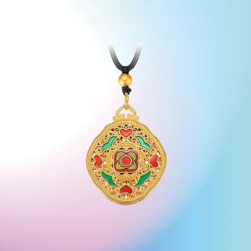 

NEW 9999 Real Gold 24K Vintage Enamel Burnt Blue Silk Pendant Ancient Gold Ethnic Wind Hollow Burnt Blue Love Flower Card