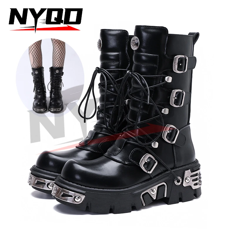 Retro High Boots for Men's and Women's Metal Motorcycle Boots Workwear Punk Style Rock Thick Soled Boots Motorbike Racing Shoes