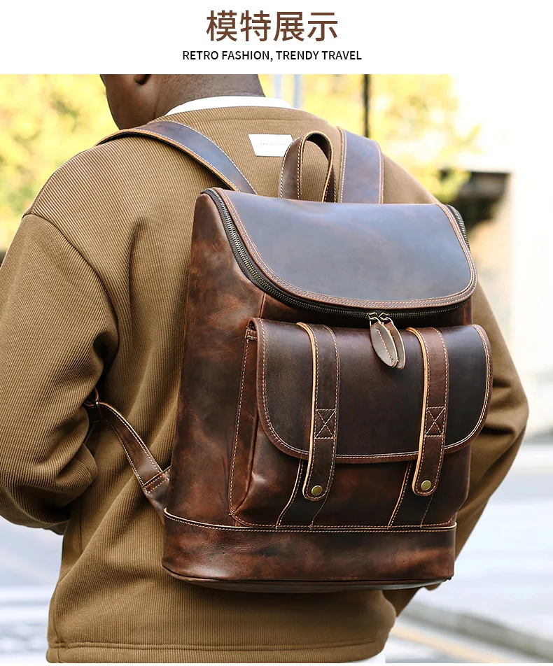 حقيبة ظهر كلاسيكية من الجلد للرجال من Crazy Horse ذات سعة كبيرة حقيبة كمبيوتر محمول للأعمال للرجال