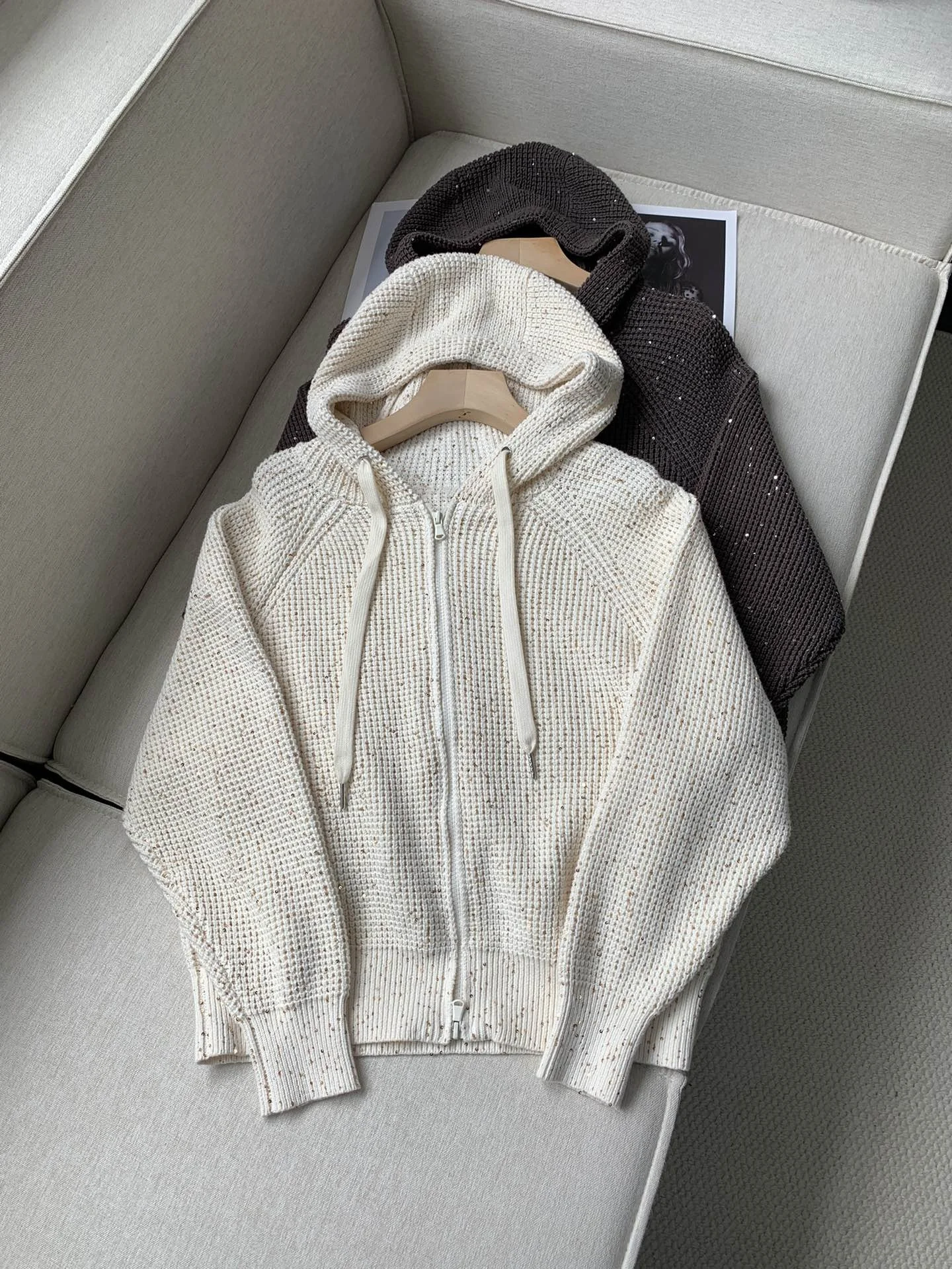 

Women Ribbed Cotton Blend Cardigan Sequins Long Sleeve Loose Autumn Winter Hooded Sweater