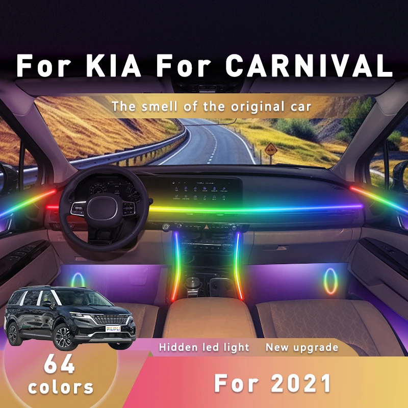 

FILIPLI For KIA CARNIVAL For 2021 Voice Control Car LED Mood Light Strip 64 RGB Car Cyberpunk Ambient Mood Light By APP Control