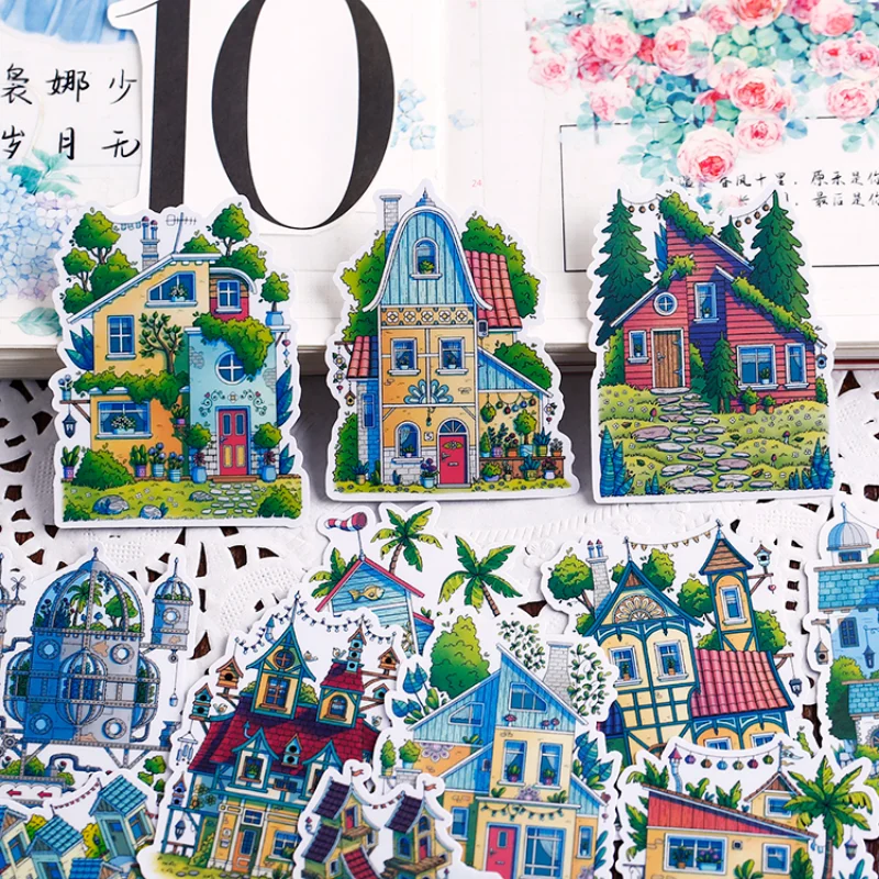 

Stickers 16pcs Handbook Cartoon Mori Tree House Handbook Cute Diy Photo Album Ins Translucent Decorative Material