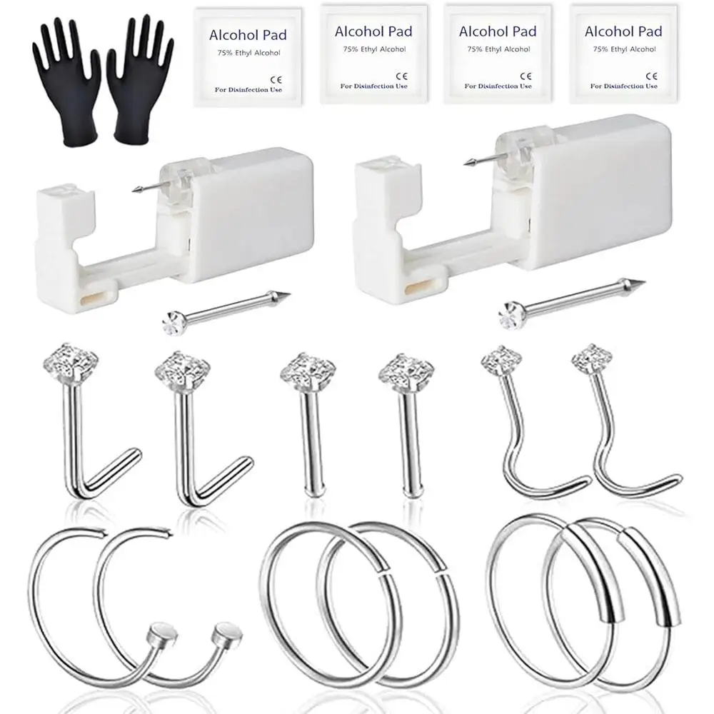 1/22Pcs Set Nose Piercing Rings Piercing Guns Disposable Piercing Gloves Clean Pads Beginners DIY Self Body Piercing Tools
