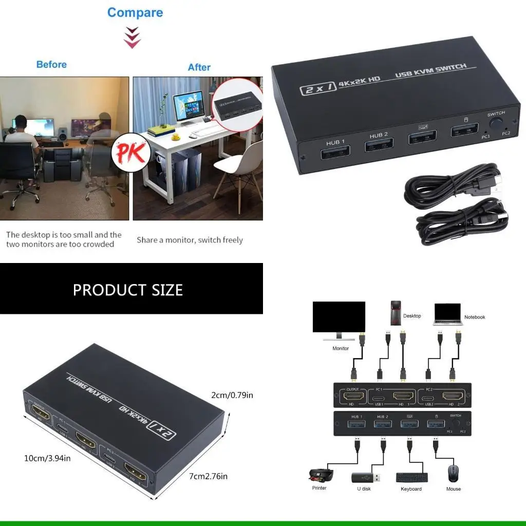 U55C HDTV USB KVM Switcher High Performances 4K 30Hz Video Source Seamlessly Switching Device Builts in Automatic Adjustment