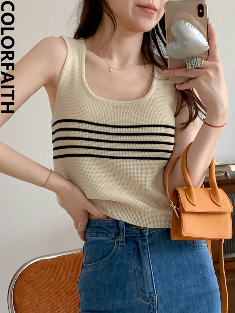 Colorfaith V5227DG New 2023 Chic Basic Bottoming Striped Knitting Elasticity Vests Women Spring Summer Tank & Camis Short Tops