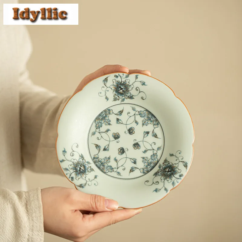 

Ru Kiln Peony Daisy Cute Rabbit Blue And White Petal Pot Bearing Holder Gaiwan Tray Dry Brew Table Tea Tray Fruit Snack Plate