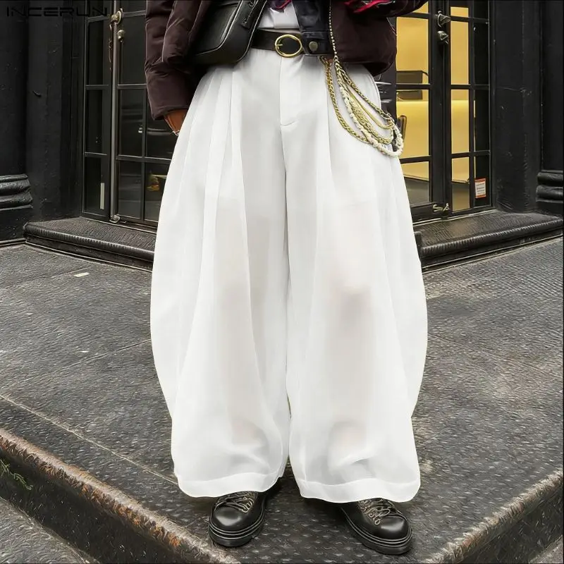 Herrenhose mit weitem Bein, durchsichtige Mesh-Hose mit Knöpfen für Herren, INCERUN Streetwear, Übergröße, 2026, modische Pantalones-Hose