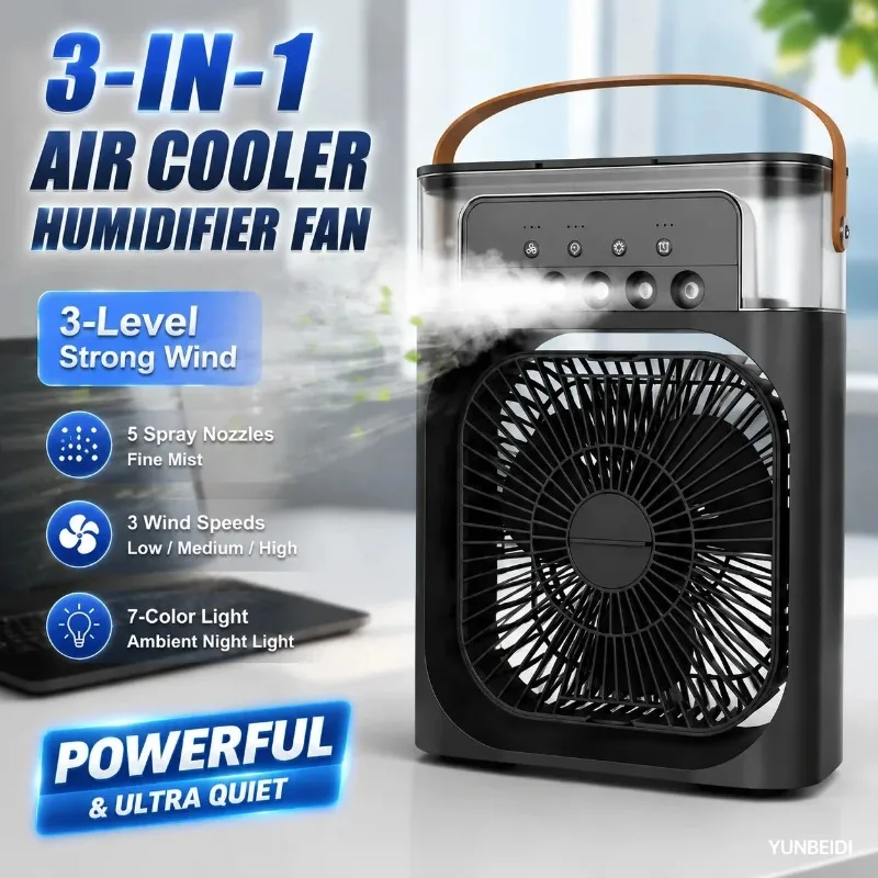 Portable 3-in-one Air Conditioner Fan with LED Light Humidifier and Timing Function for Home Office Desktop Spray Fan