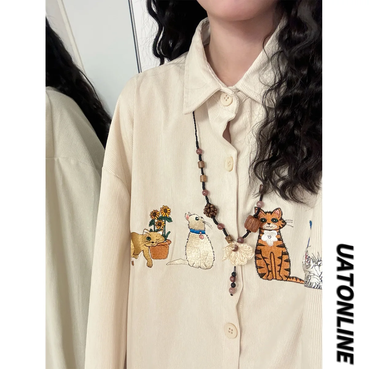 

UATONLINE2025 Весенняя женская рубашка в американском ретро-стиле с вышивкой, из вельвета, с длинным рукавом, повседневная, свободного кроя, в уличном стиле, с воротником