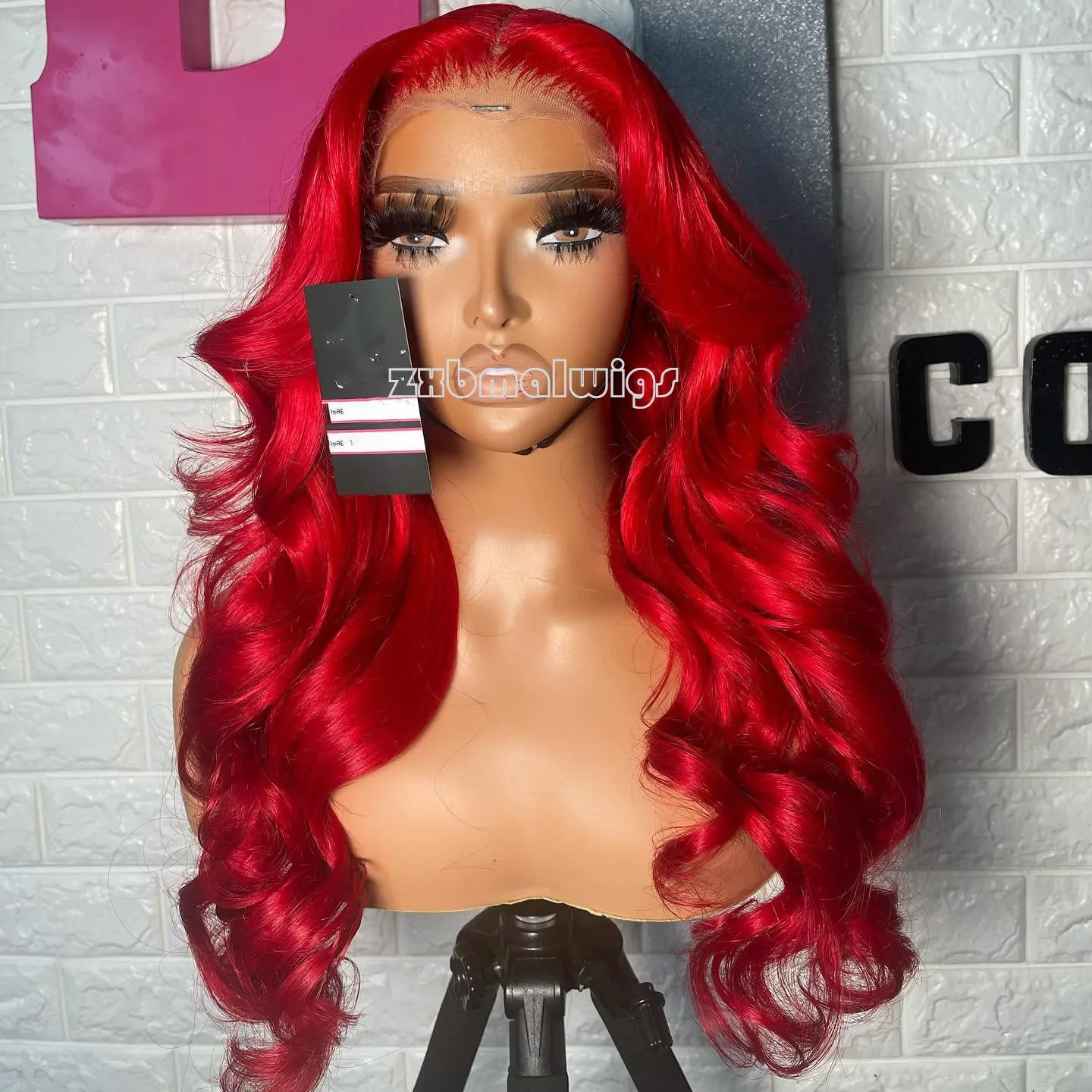 QW Synthetic Hair Lace Front Wig For Women Bright Red Long Body Wave Preplucked Glueless  Heat Temperature Daily Cosplay