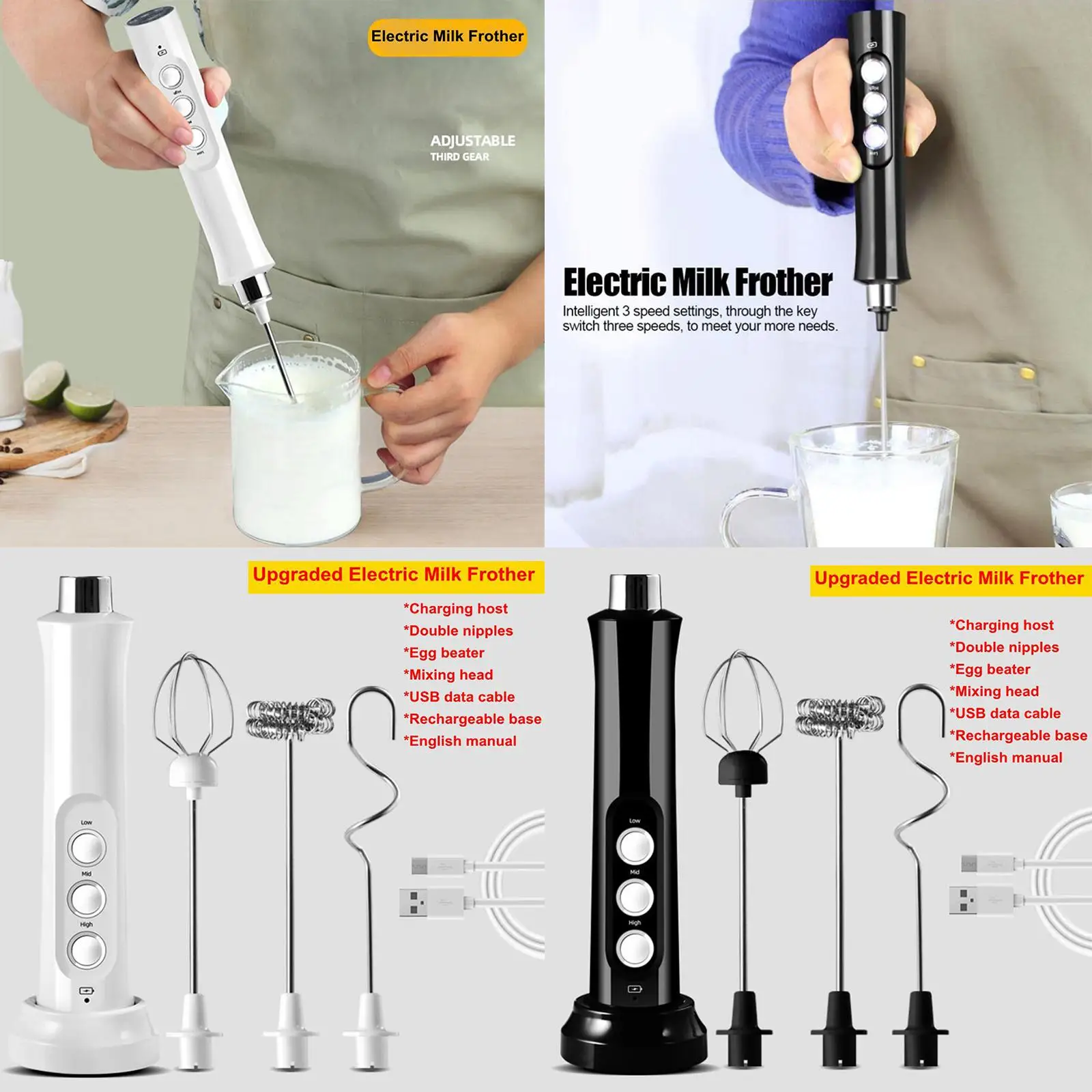Перезаряжаемый ручной Электрический вспениватель молока с венчиком из нержавеющей стали 3 для капучино