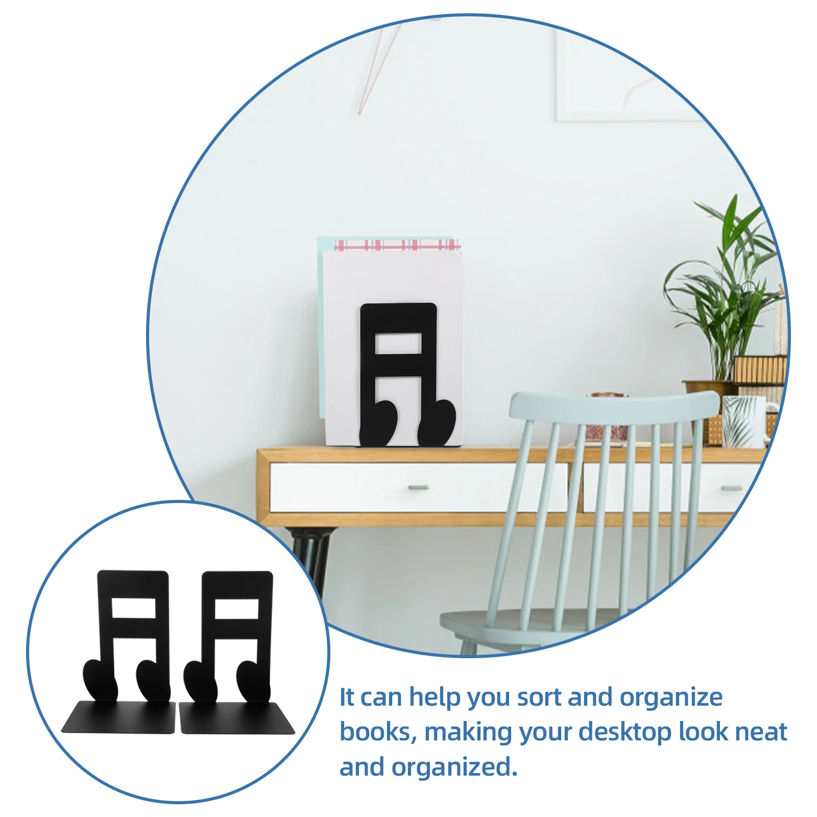 1Pair Note Shaped Iron Bookends Sturdy Desktop Book Holders for Office Study File Magazine Organizer Decorative Book Organizer