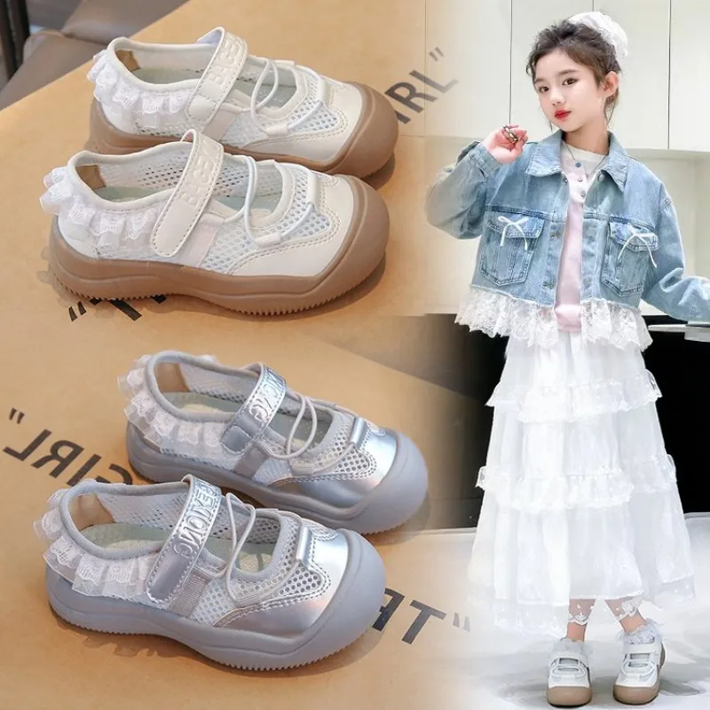 Summer Breathable Mesh Kids Casual Shoes for Girls Non-Slip Sole Toddler Beach Shoes with Lace Bordered Solid Color Sport Shoes