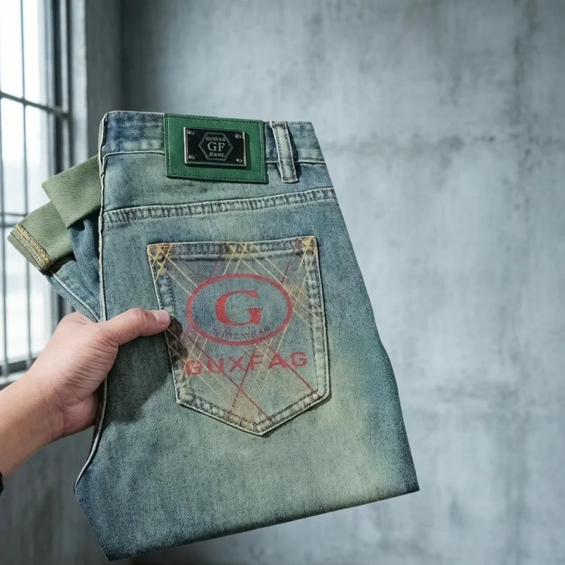 

Винтажные американские джинсы для мужчин, прямого кроя, повседневные брюки с стильным и роскошным зеленым принтом