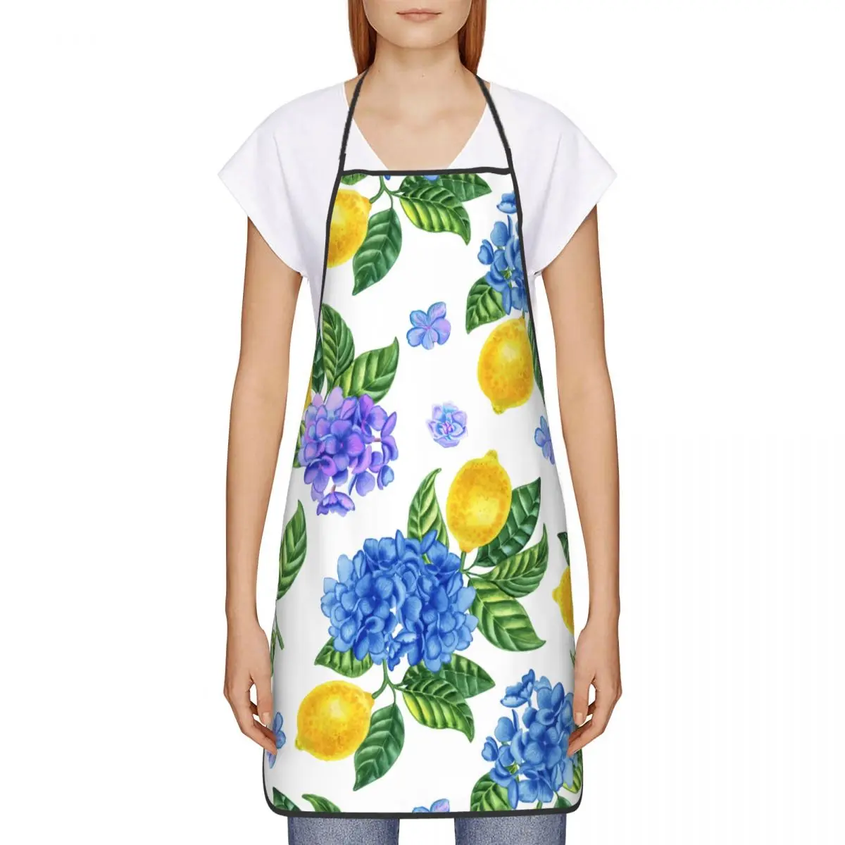 Custom Hydrangea Lemons Apron Women Men Unisex Bib Cooking Kitchen Tablier Cuisine Chef Painting