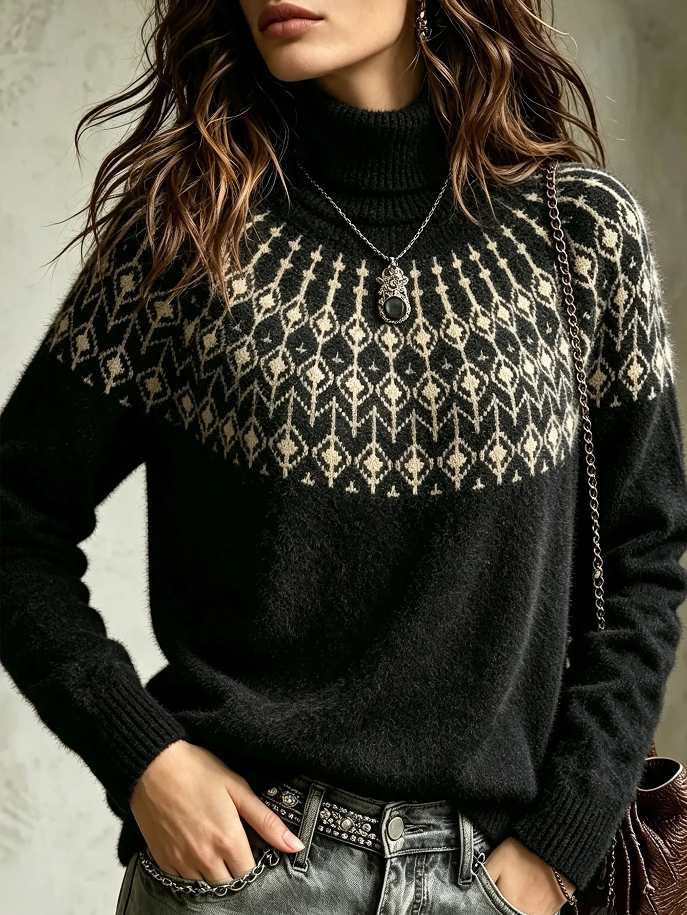 European and American Style Winter Retro Fair Isle Jacquard Turtleneck Sweater, Soft and Warm Pullover Knitwear, Loose-Fitting Off-Shoulder Long Sleeves with Ethnic Diamond Patterns, Christmas Holiday Vibe Outfit, Lazy Style Top, Versatile for Casual and 