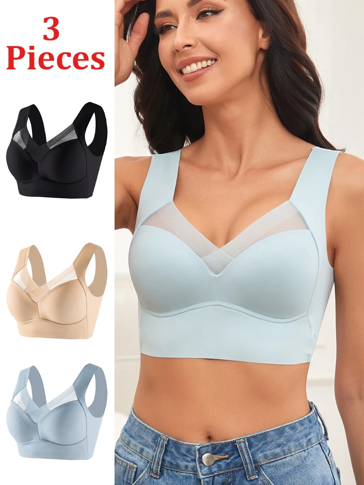 3-teiliger Damen-Schönheits-BH mit nahtlosem Rücken, einteiliges Design, gepolstert und ohne Bügel, dünn und hautfreundlich, Schlaf- und Yoga-BH, Dessous