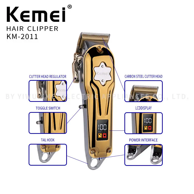 Kemei KM-2011 USB De Charge Électrique Tondeuse À Cheveux Nouveaux Hommes Deux Pièces Trempé Affichage LED Métal Barbier Accessoires