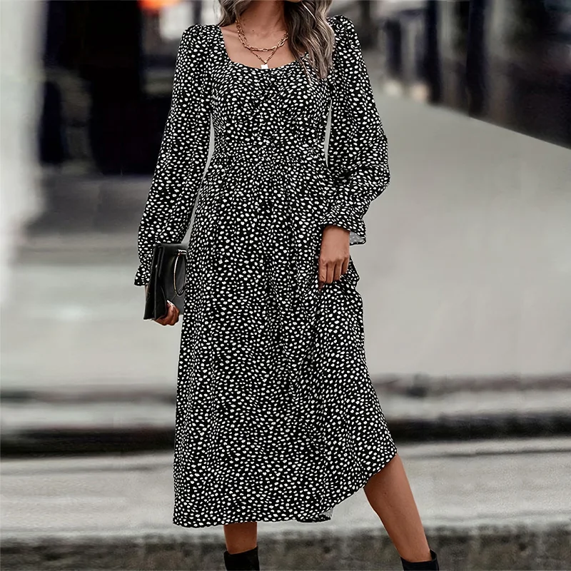 Vestido Midi con Estampado de Lunares, Cuello Cuadrado, Talla Grande, Elegante, Holgado, de Manga Larga, con Cintura Ajustada, para Mujer