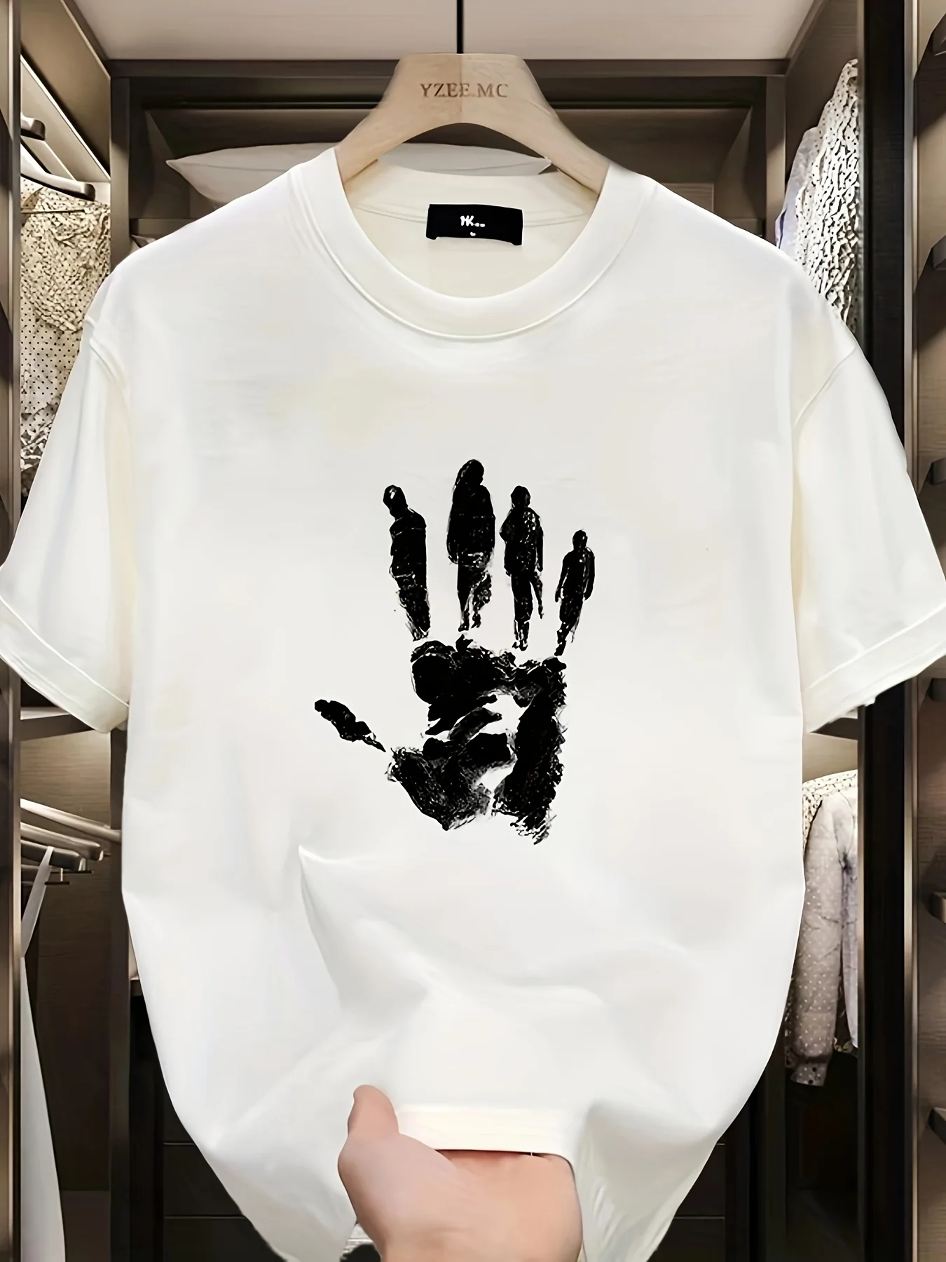 

Men's Loose Fit Cotton Graphic T-Shirt - Casual Short Sleeve Crewneck with Unique Handprint Design, Black,Breathable Tshirt