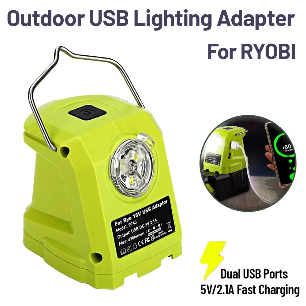 

Dual USB Adapter for Ryobi 18V Battery P108 P109 Portable Power Source with 420LM LED Work Light Flashlight for Outdoor Camping