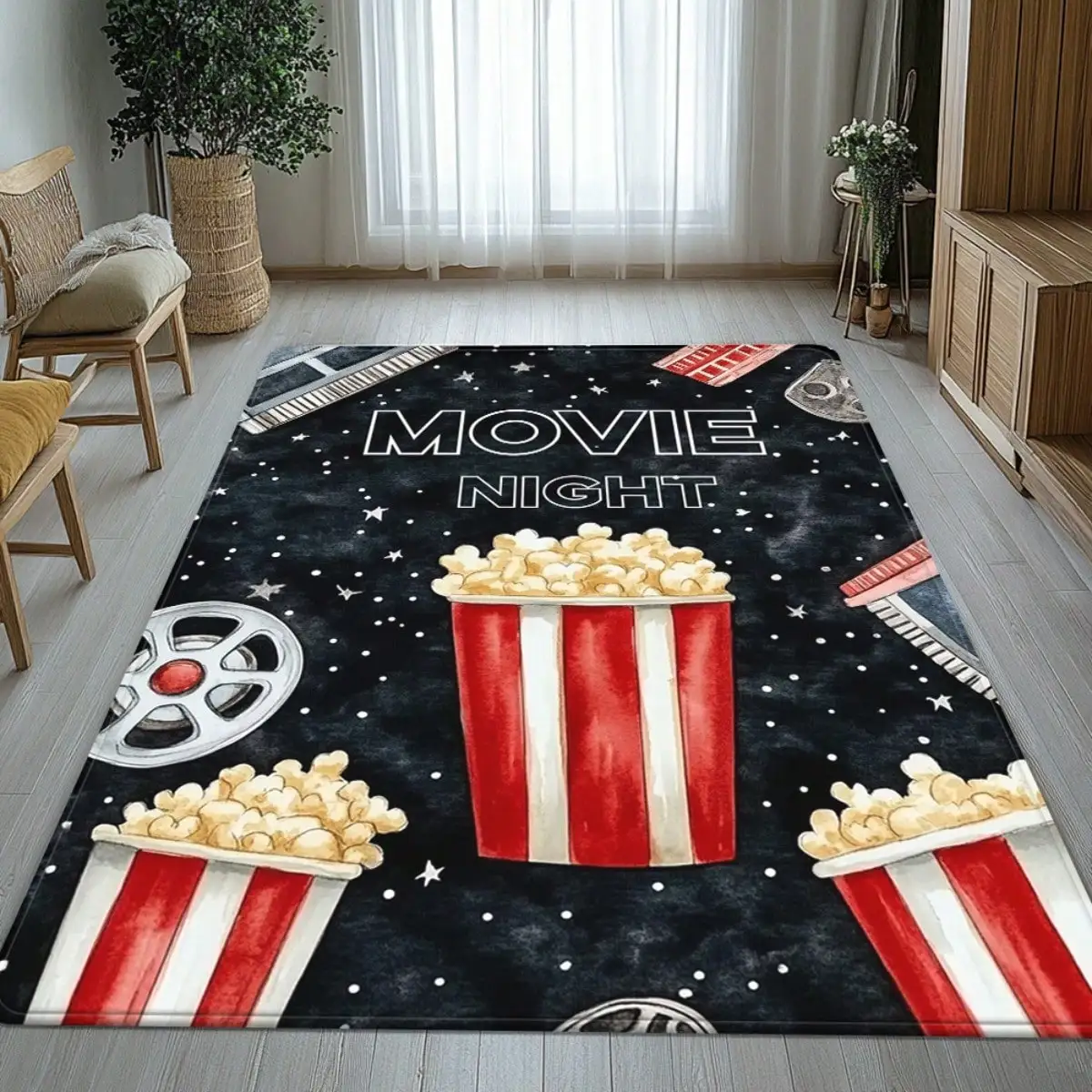 Movie Night Door Mat - Popcorn Film Reel Cinema Decor, Home Theater Entrance Rug, Fun Living Room Carpet, Multiple Sizes