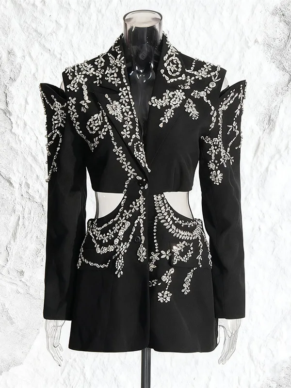 

Style Sexy Long Sleeve Hollow out Diamond Embellished Suit Jacket for Women Autumn Winter Streetwear High Fashion