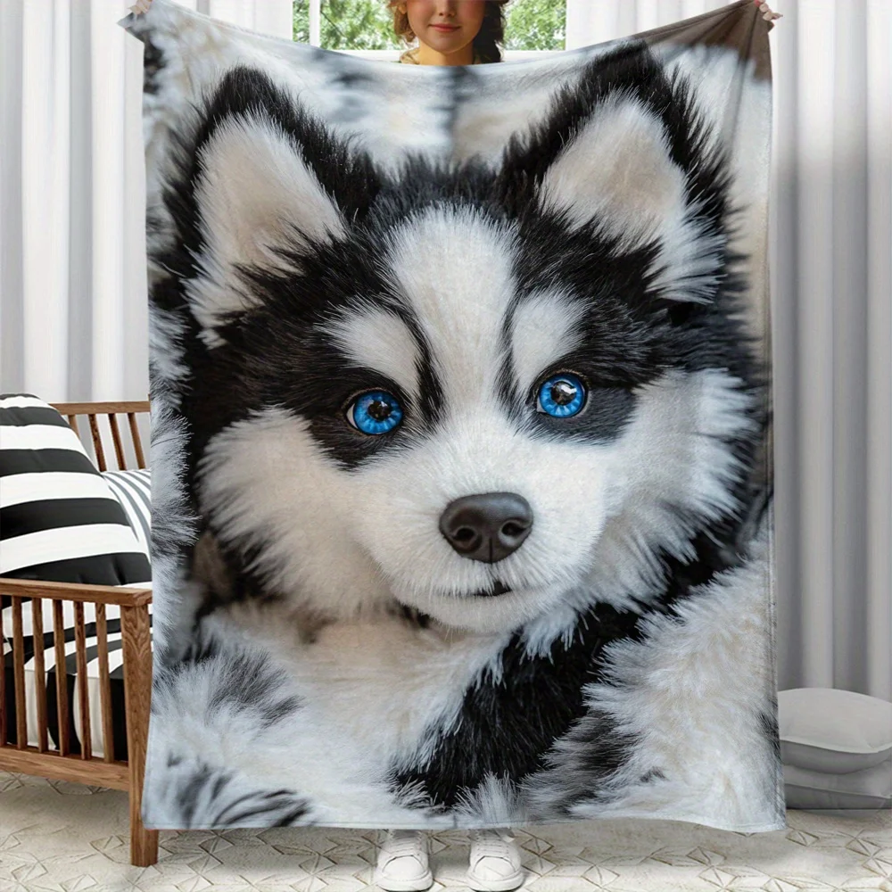 Cute Husky Puppy Print Portable Blanket Flannel Throw for Sofa, Bed, Travel, Camping, Livingroom Bed - Digital Printing Fleece