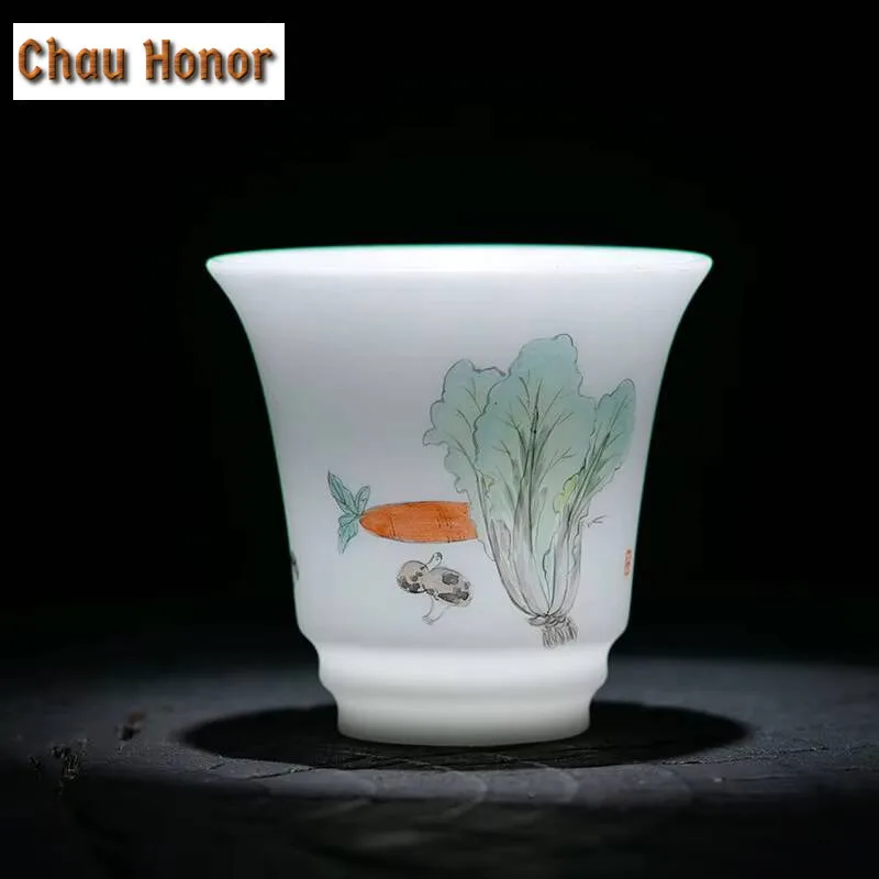 110ml Handmade Iced Jade  White Porcelain Teacup Hand Painted Cabbage Master Cup Ceramic High Smelling Cup Jianzhan Teaware Gift