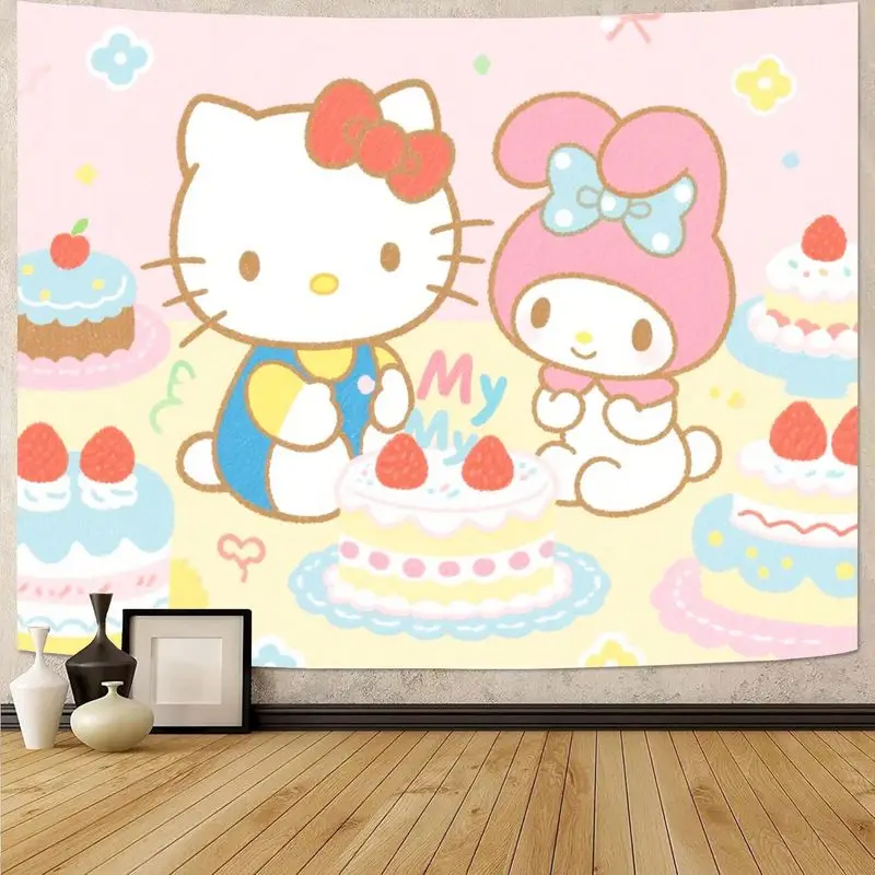 

1PC Sanrio Hello Kitty My Melody Pink Kawaii Dessert Party Tapestry, Cute Polyester Wall Art Room Decor for Girls Teens Gift.