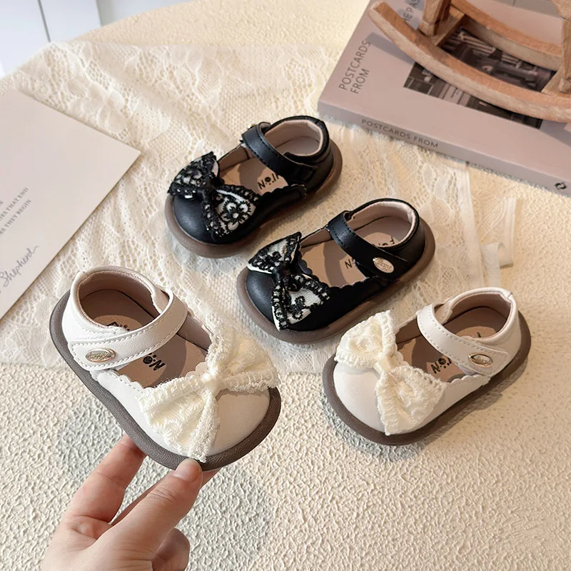 Baby Princess Shoes 2026 Spring and Autumn New Fashionable Cute Lace Bow Leather Shoes for Children Soft Soled Non Slip Sneakers