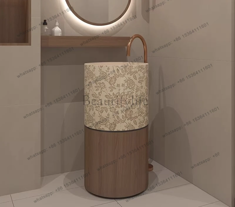 New Chinese retro wind wash basin square round integrated floor column basin