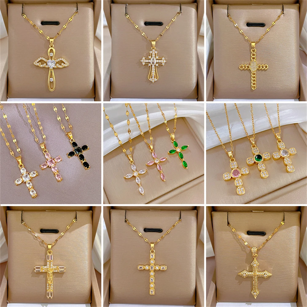 Cubic Zirconia Cross Pendant Necklace Communion Gift for Women Men Religious Jewelry Baptism Cross Necklaces Christian Choker
