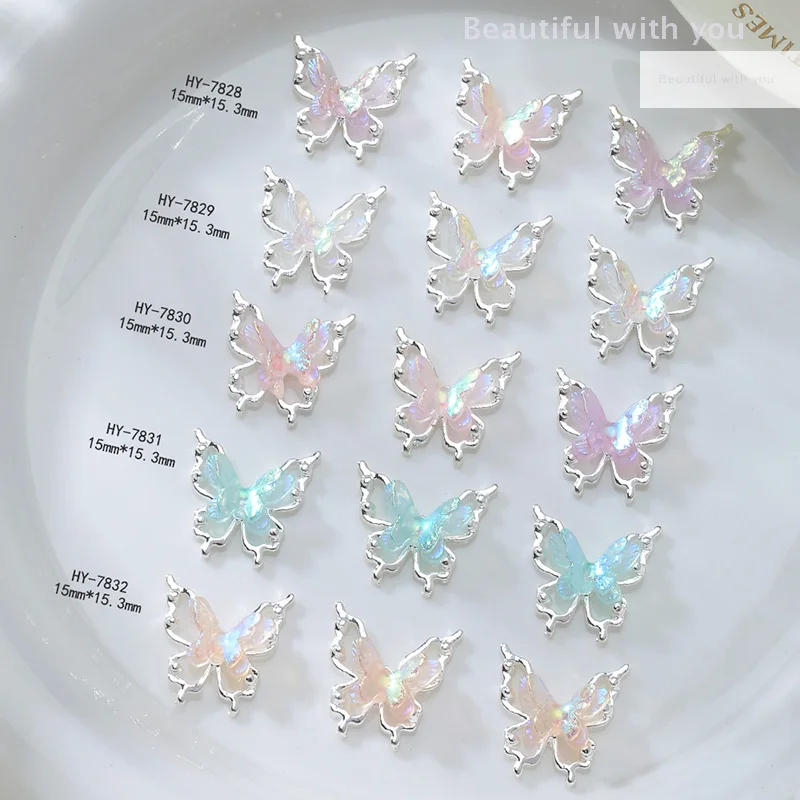 5PCS Colorful Butterfly Alloy Nail Accessories Double-Layer 3D Hollow Butterfly Nail Drill Decoration Pendant DIY Accessories