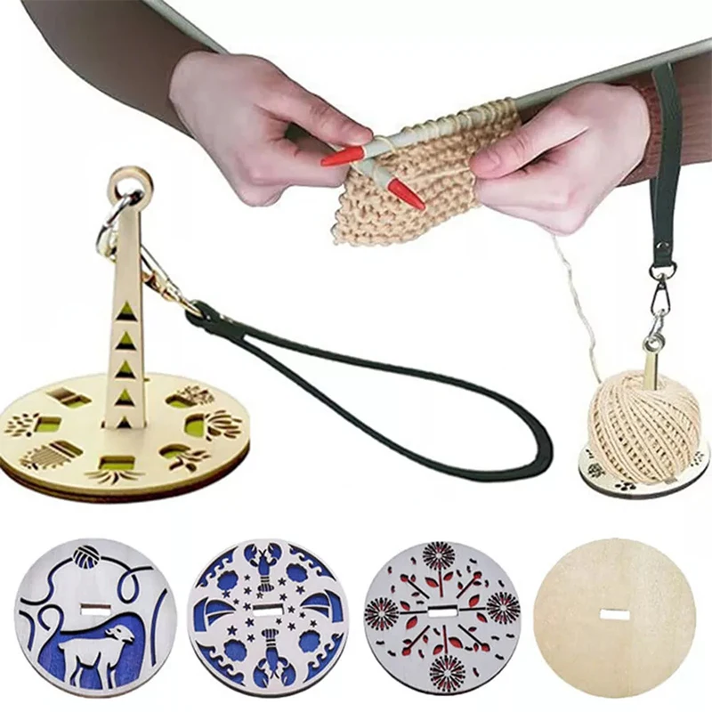 Yarn Holder Wooden Spinning Knitting Tools Crochet Accessories Stand DIY Sewing Thread Spool With Wrist Strap Wool Ball Winder