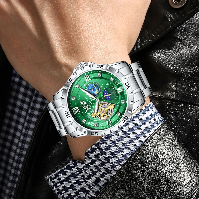 LIGE 2025 Automatic Watches Men Luxury Starlight Mechanical Mens Watch 30M Waterproof Luminous Fashion Wristwatches Reloj Hombre