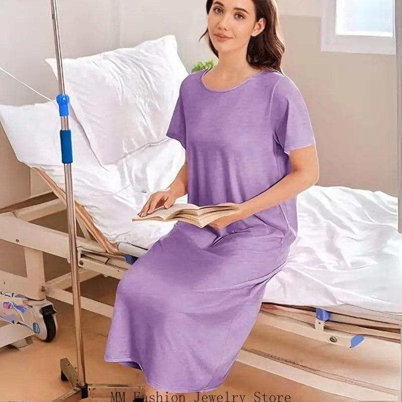 Women's Soft Cotton Hospital Gown Adaptive Nightgown with Back Opening Shoulder Snaps for Easy Dressing Nursing Care Use