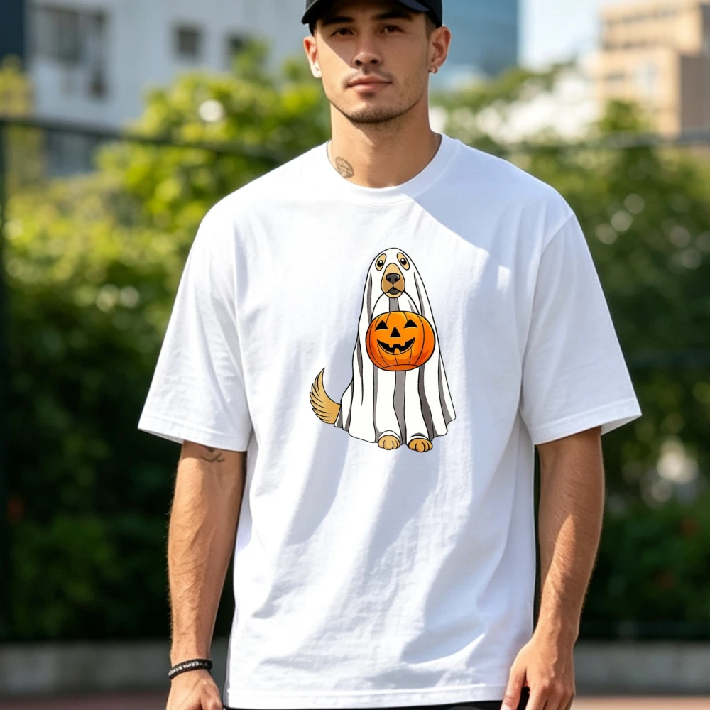 Ghost Golden Retriever Holding Pumpkin Halloween Print T Shirt Men Women Cute Dog Spooky Graphic Tee Unisex Fall Casual Tops