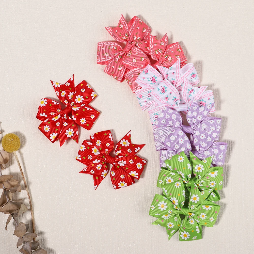 20pcs/lot Printed Flower Hairpins Hair Bows with Clip for Baby Girls Grosgrain Ribbon Daisy Hair Clip Barrettes Hair Accessories image 4