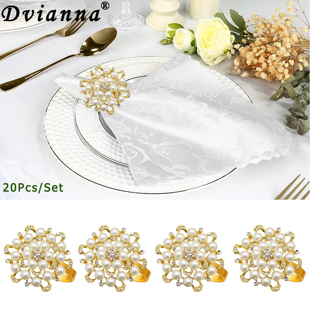 20Pcs Pearl Flower Napkin Rings Crystal Rhinestone Napkin Buckle for Wedding Party Banquet Bridal Shower Christmas Table Decor