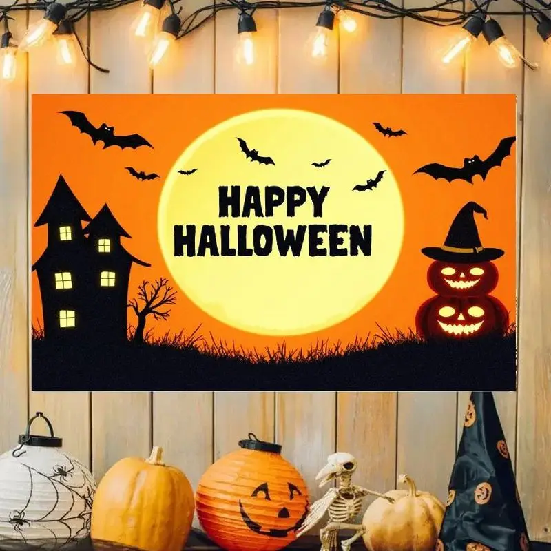 VIKAMA Halloween Castle Pumpkin Skeleton Ghost Tapestry, Happy Halloween Wall Hanging for Bedroom, Spooky Party Decor Flag