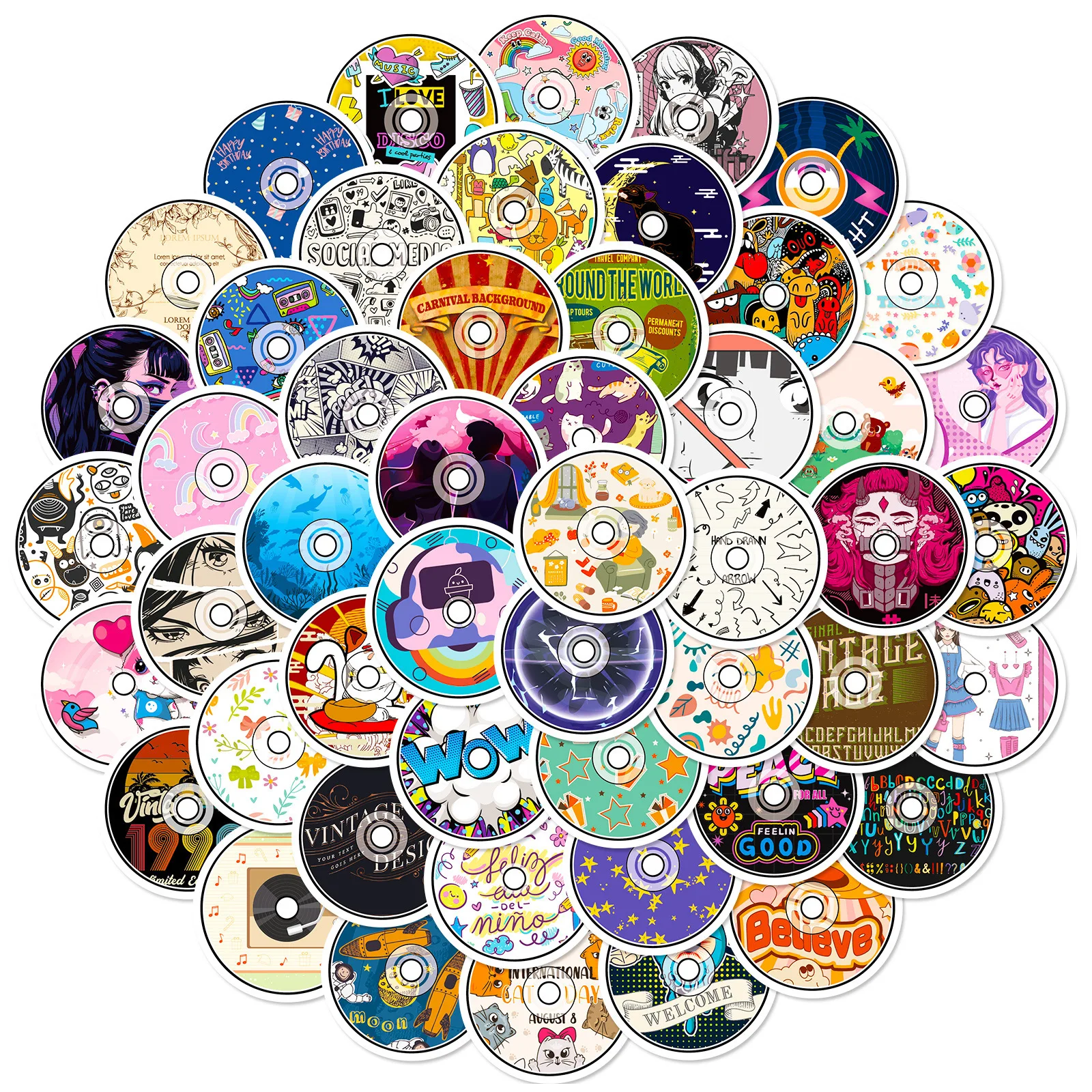 10/50PCS Optical Disk Cartoon Stickers Music Originality Sticker DIY Diary Scrapbook Laptop Phone Guitar Car Bike Graffiti Gifts